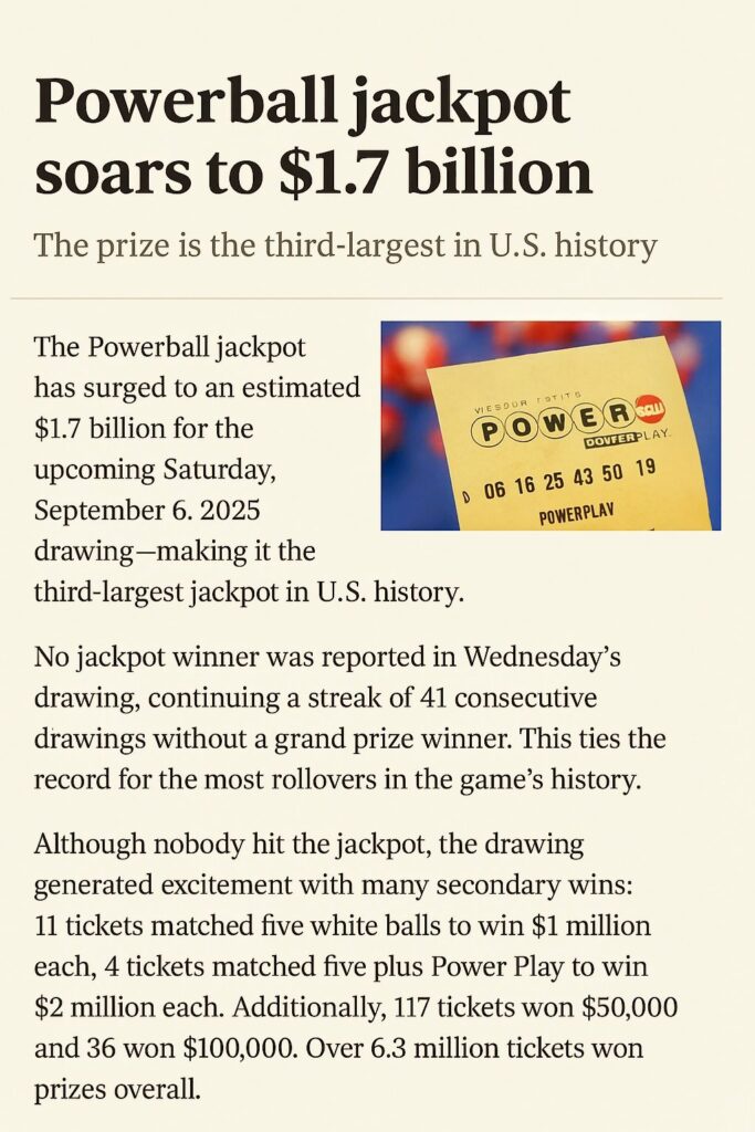 Powerball Jackpot Soars to $1.7 Billion After No Winner: Third-Largest in U.S. History